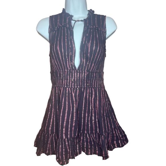 ulla johnson Cotton Blend Stripe Rosalind Chocolate Metallic Sleeveless Dress Si - Picture 1 of 5